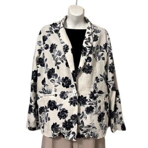 WILLIAM B Womsns Floral Blue & White Linen Rayon Blend Jacket Blazer L